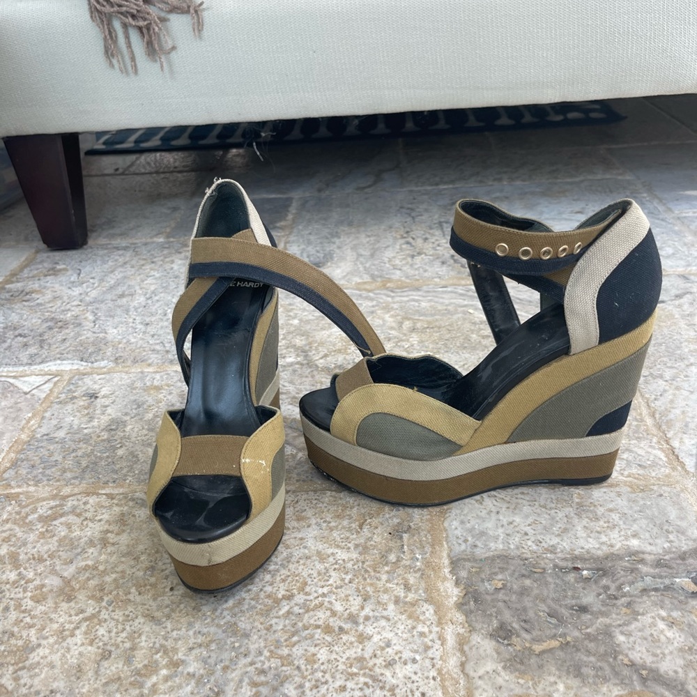 Pierre Hardy Canvas Color-blocked Open Toe Wedges Size 37